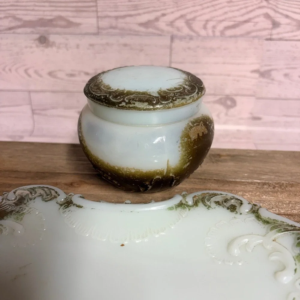 Antique Milk Glass Vanity Set Green Gold Painted Trinket Jar and Tray